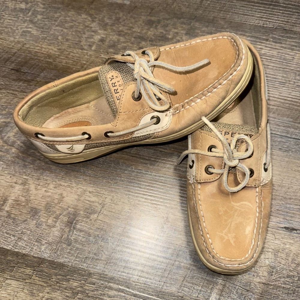 Sperry Top-Sider Bluefish 2-Eye Boat Shoes Womens 7.5 M Tan Linen Oat Leather - Picture 1 of 9